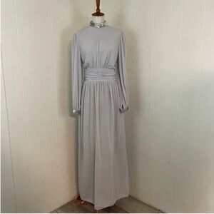 Vintage Gray Pleated Maxi Gown with Bishop Sleeves